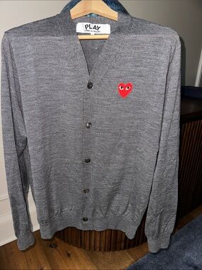 Comme des Garcons PLAY Gray Knit Cardigan with Red Heart Patch